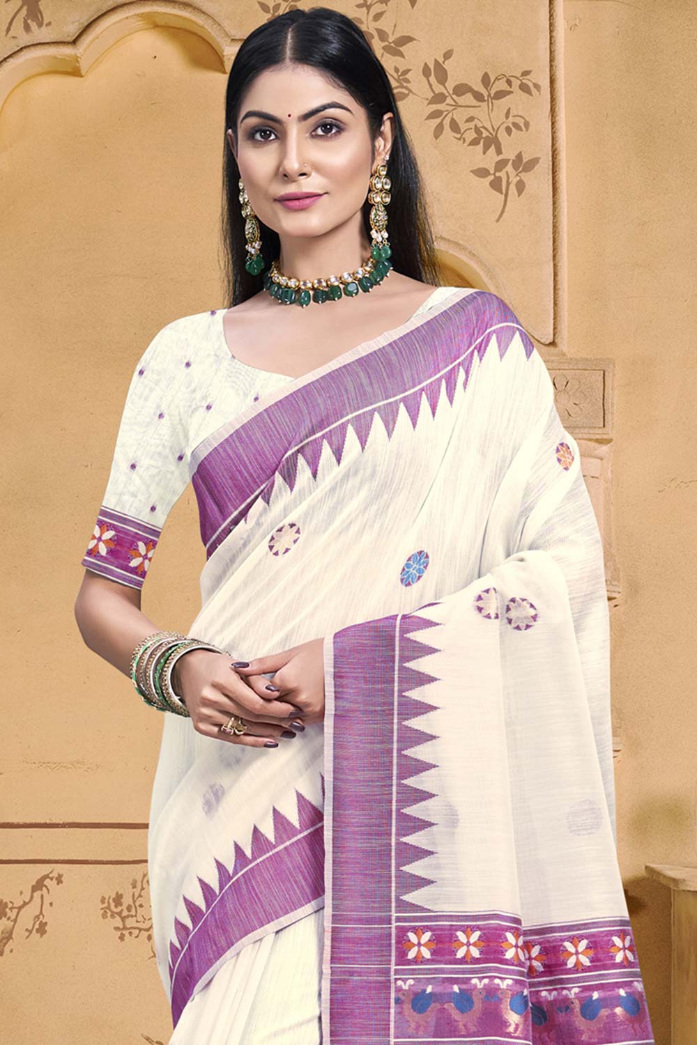 Off White Cotton Weaving Designer Saree