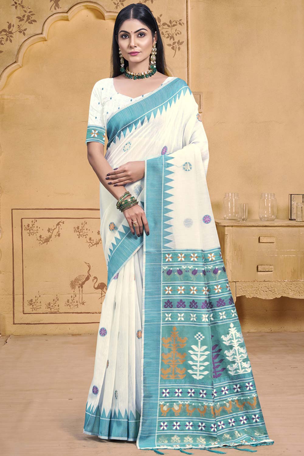 Off White Cotton Weaving Designer Saree