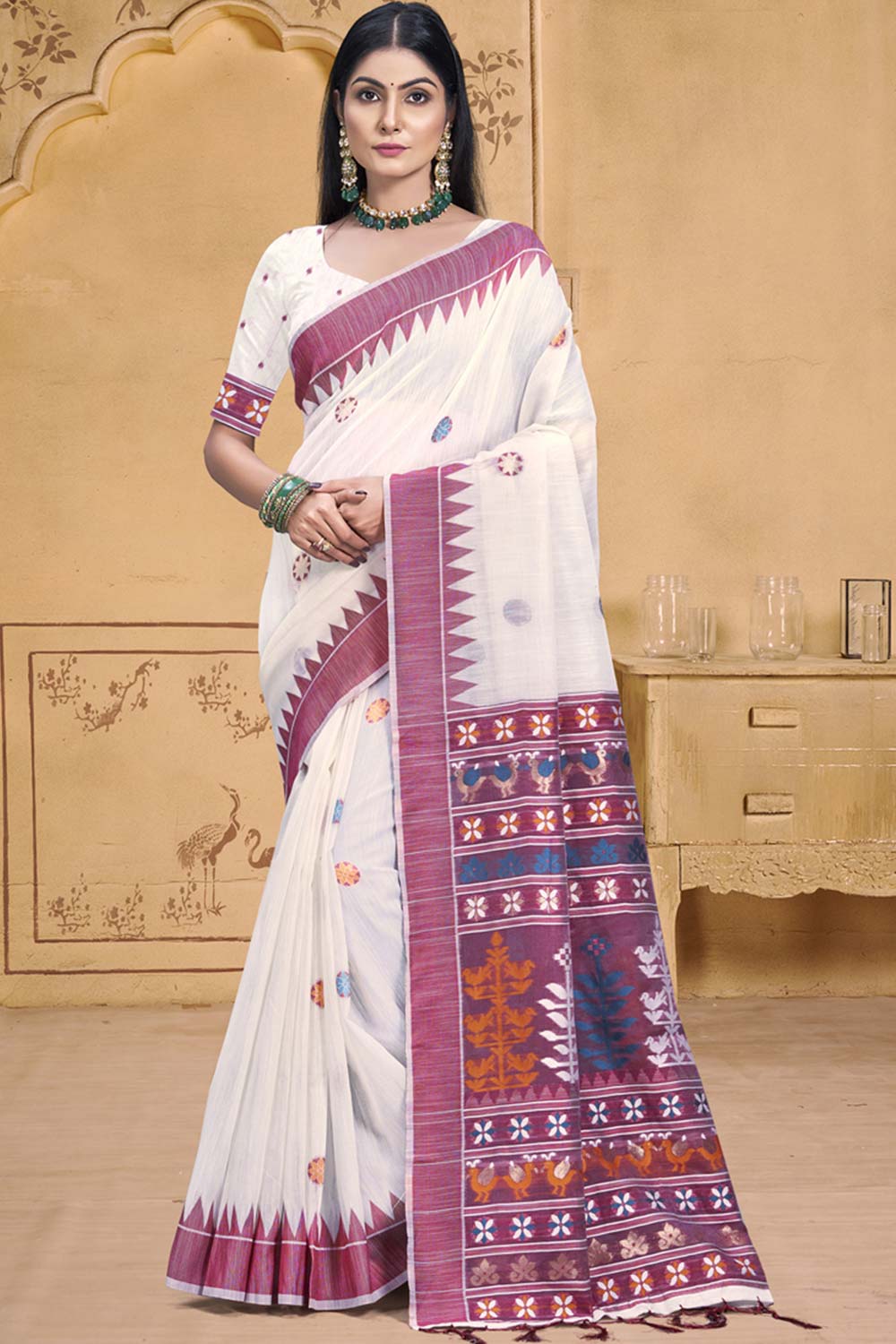 Off White Cotton Weaving Designer Saree