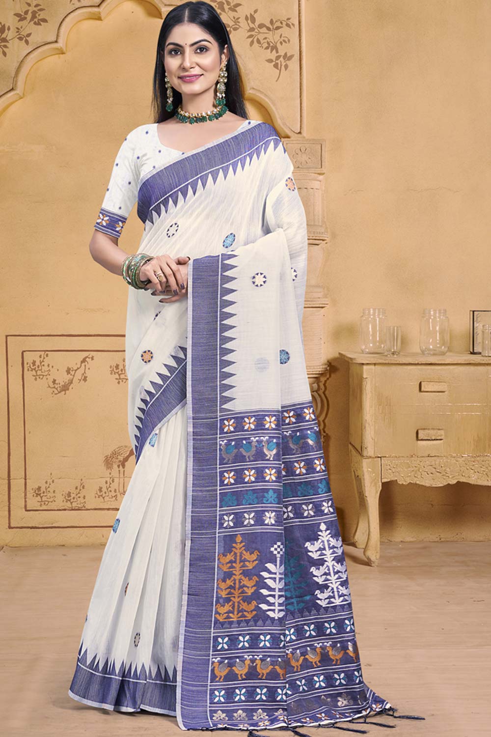 Off White Cotton Weaving Designer Saree