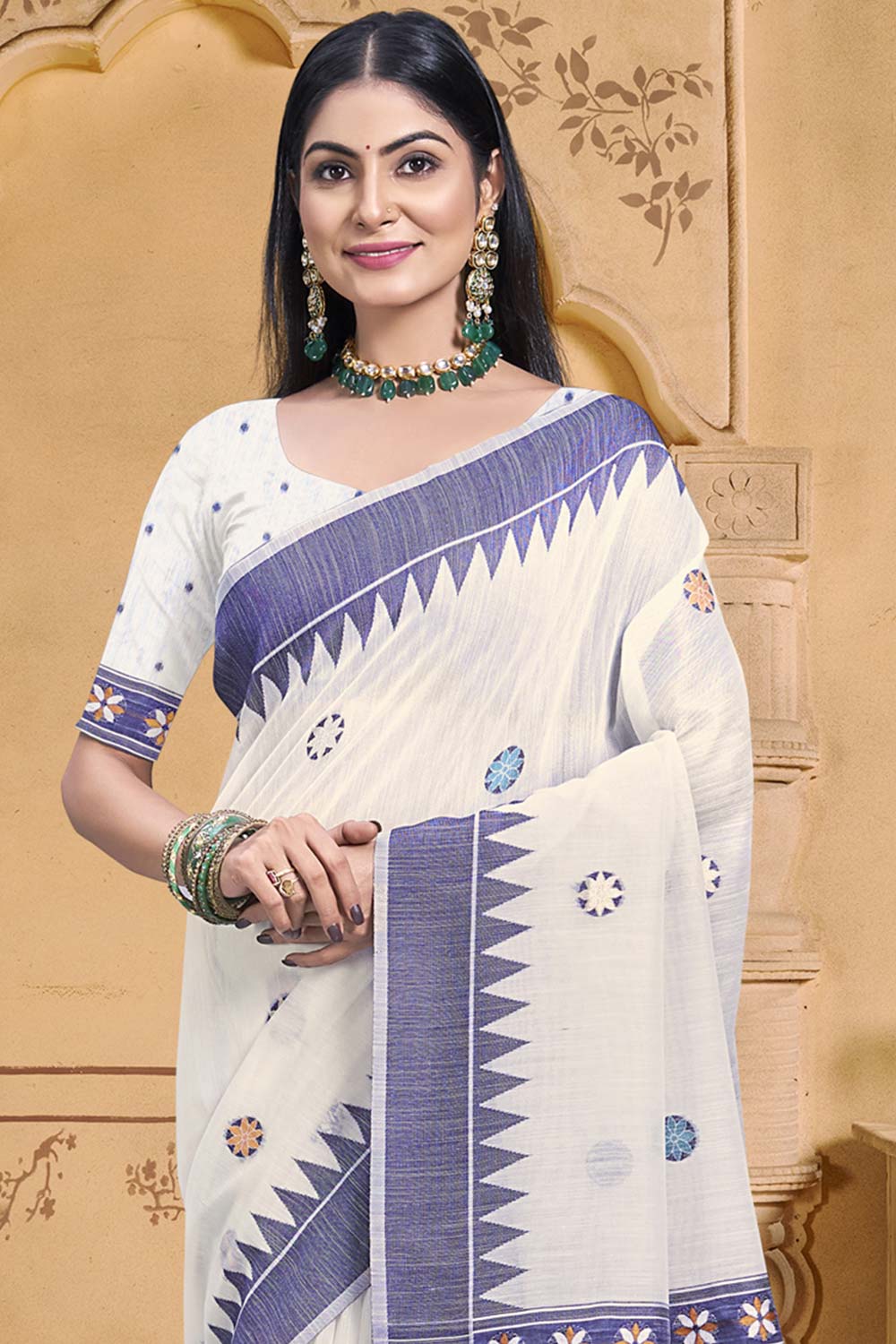 Off White Cotton Weaving Designer Saree