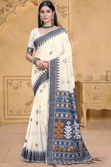 Off White Cotton Weaving Designer Saree