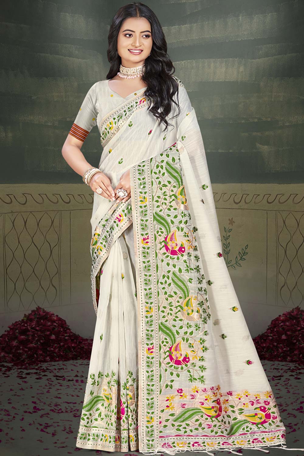 Off White Cotton Weaving Designer Saree