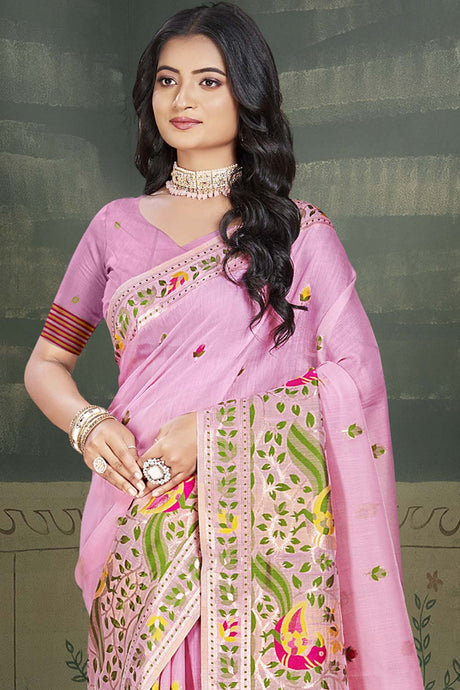 Light Pink Cotton Weaving Designer Saree