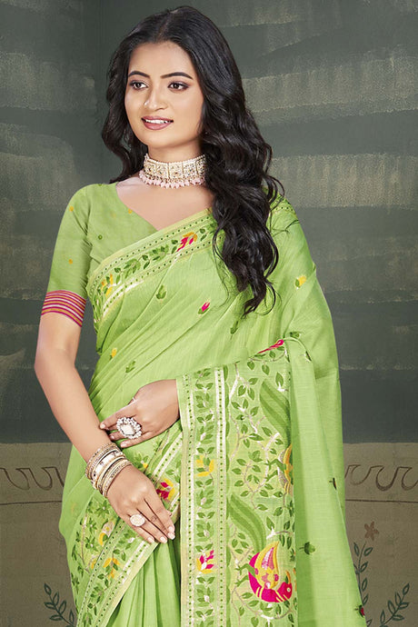 Light Green Cotton Weaving Designer Saree