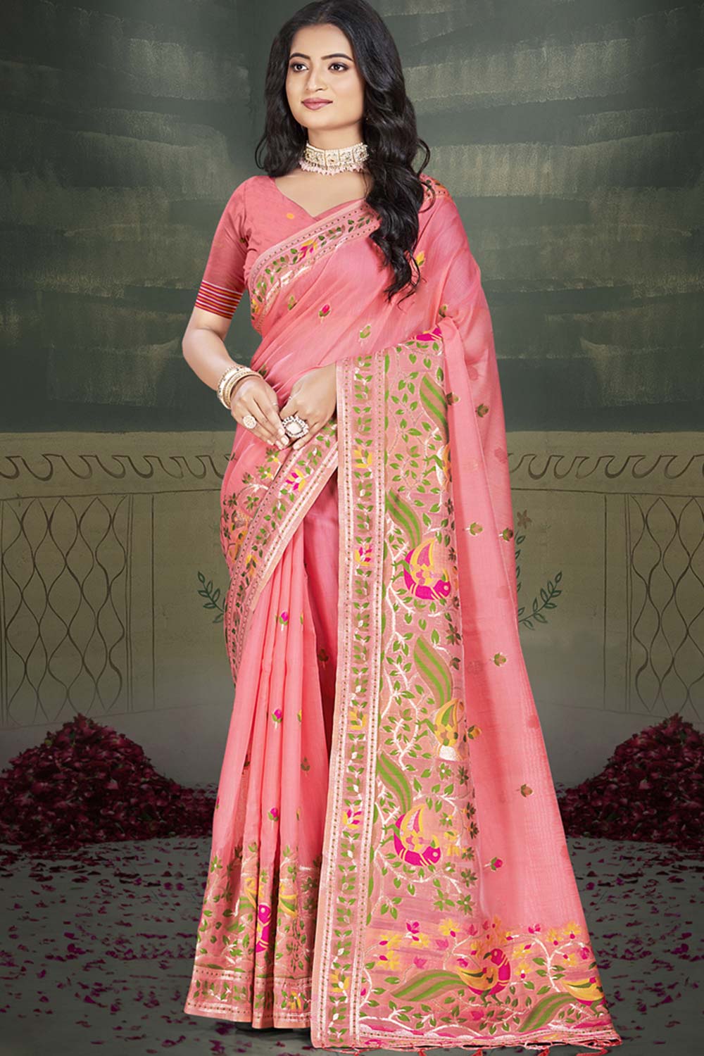 Pink Cotton Weaving Designer Saree