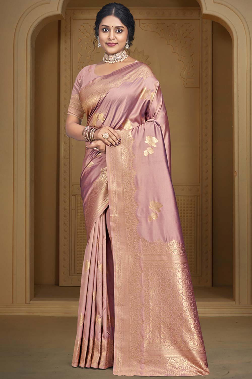 Onion Pink Silk Weaving Designer Saree