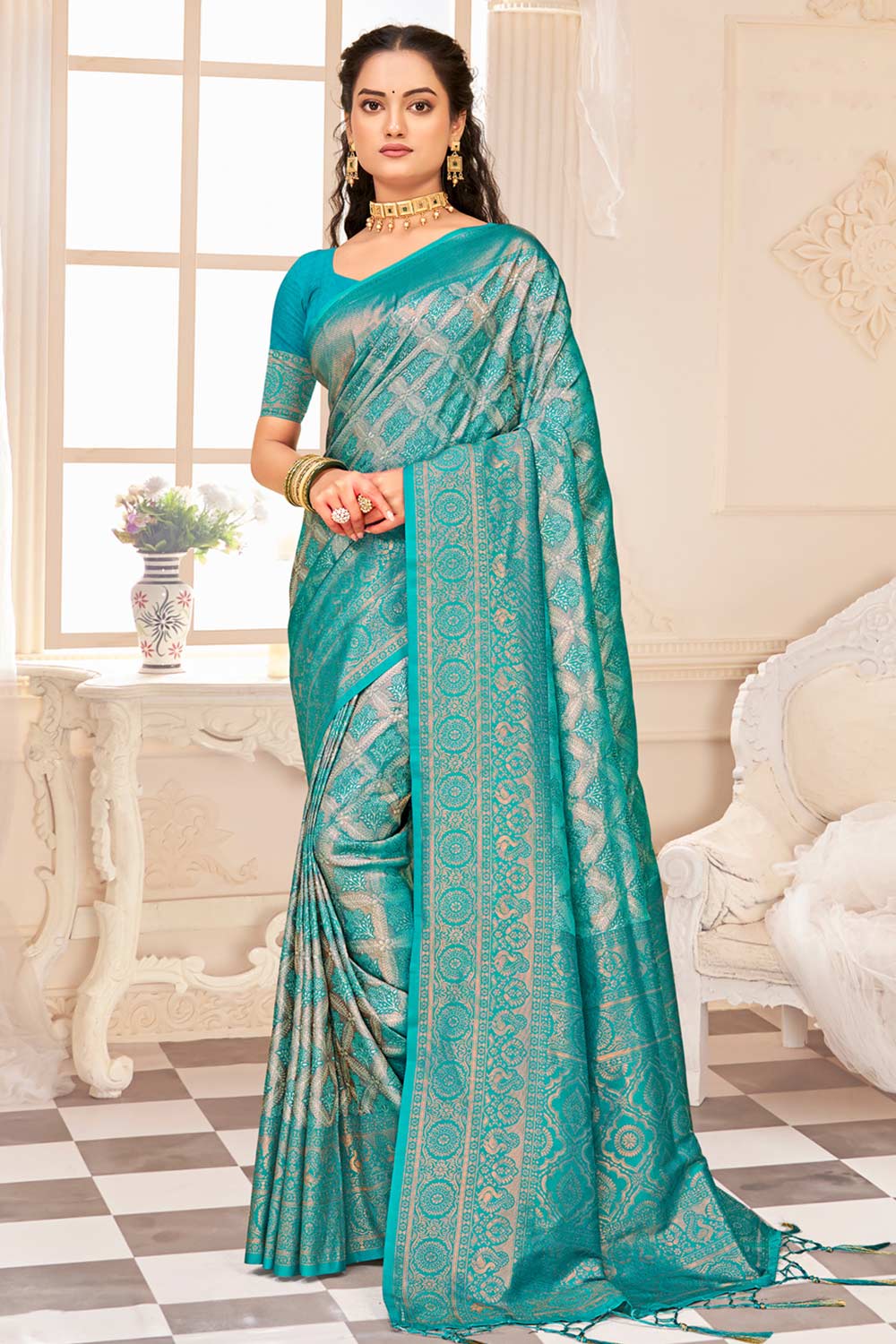 Teal Kanjivaram Silk Woven Saree