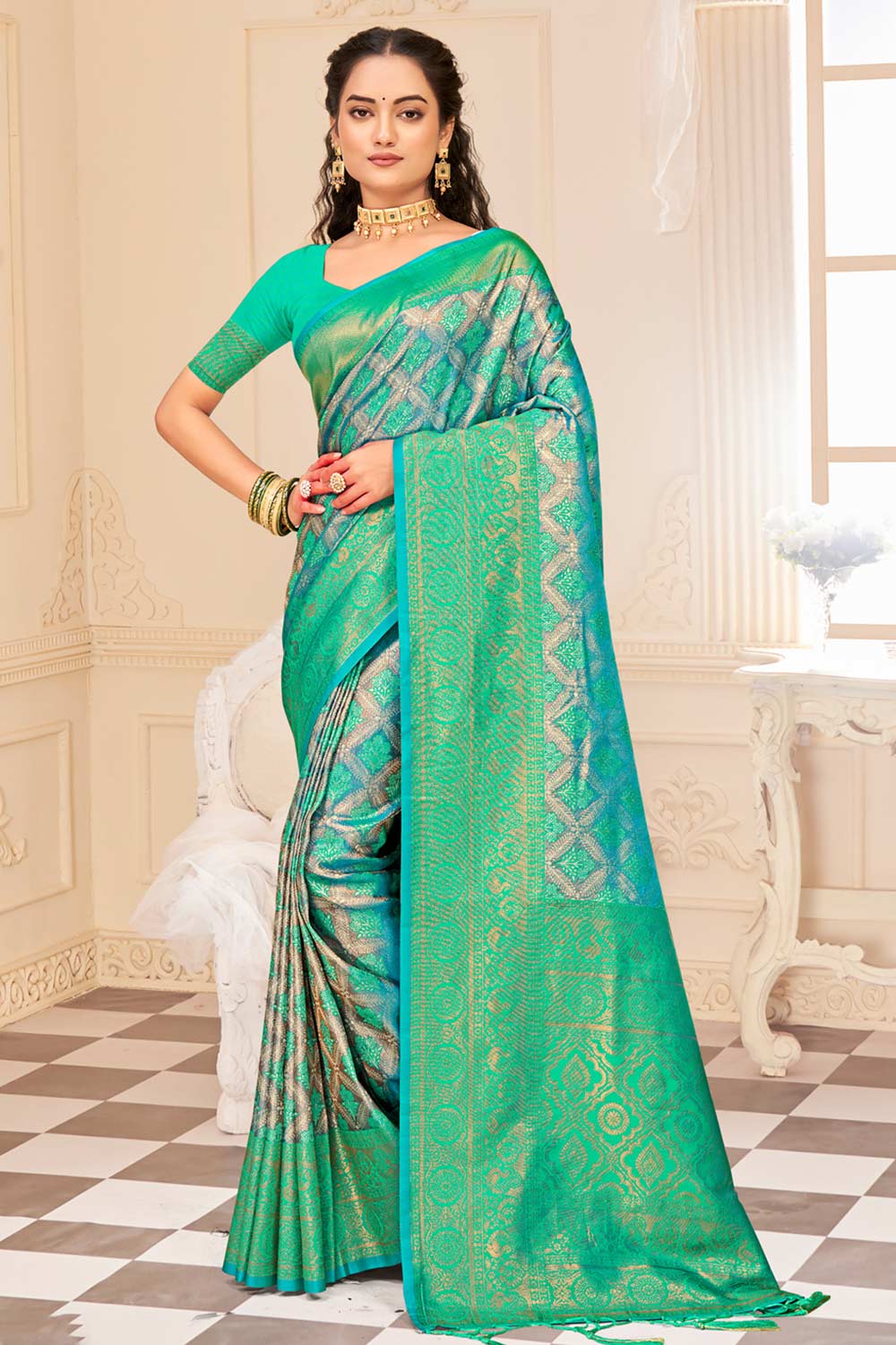 Sea Green Kanjivaram Silk Woven Saree