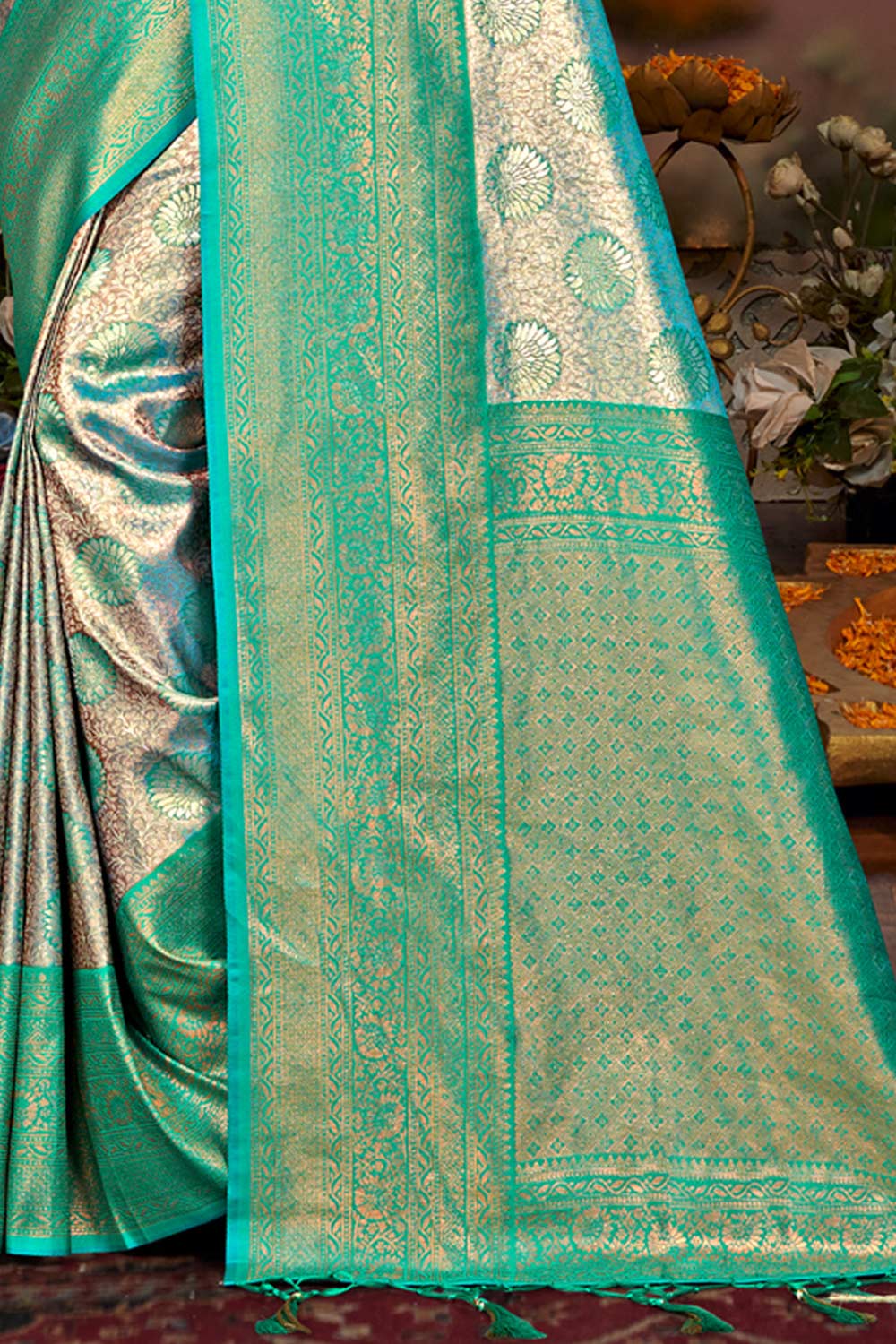 Teal Kanjivaram Silk Woven Saree