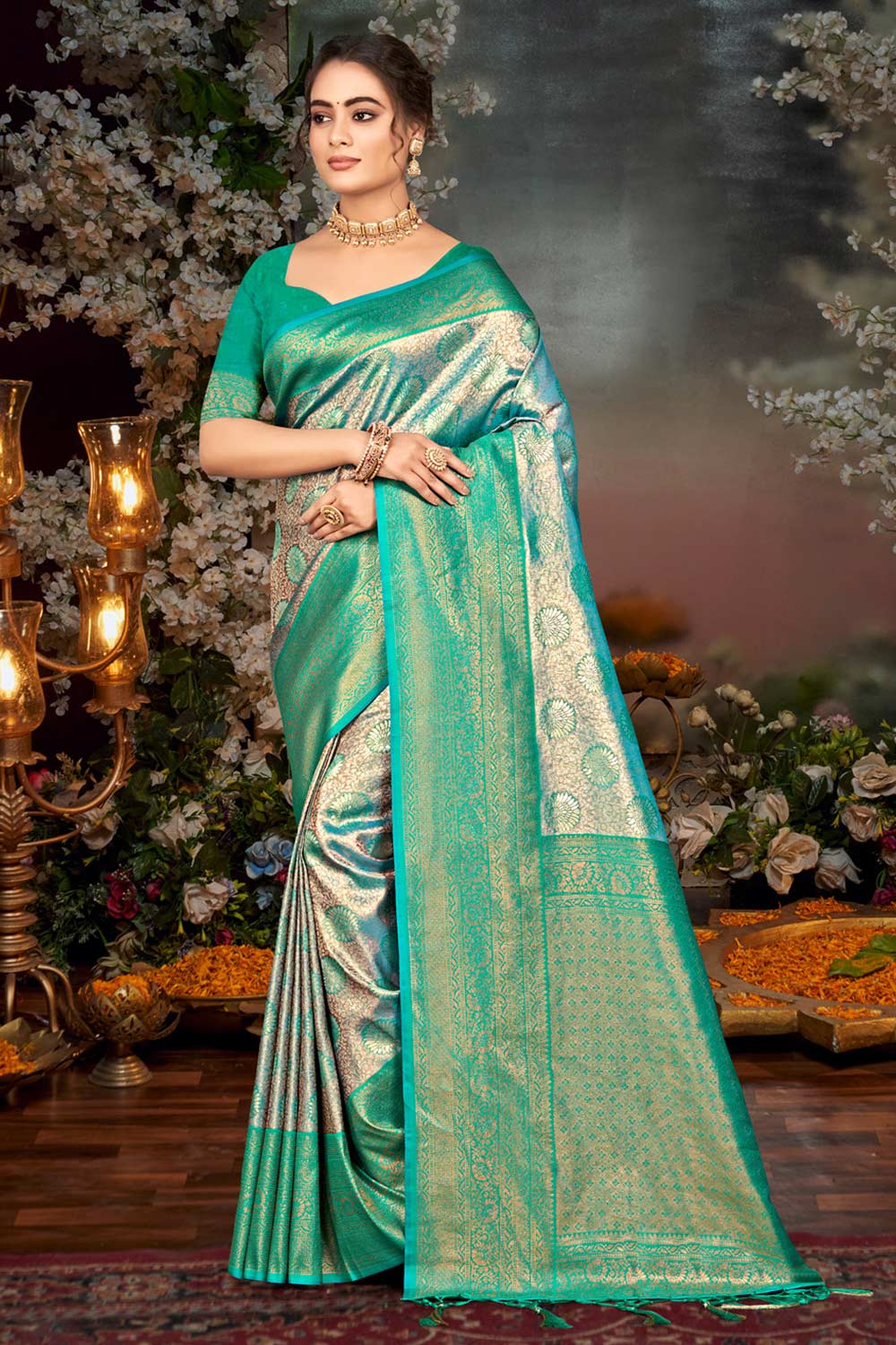 Teal Kanjivaram Silk Woven Saree