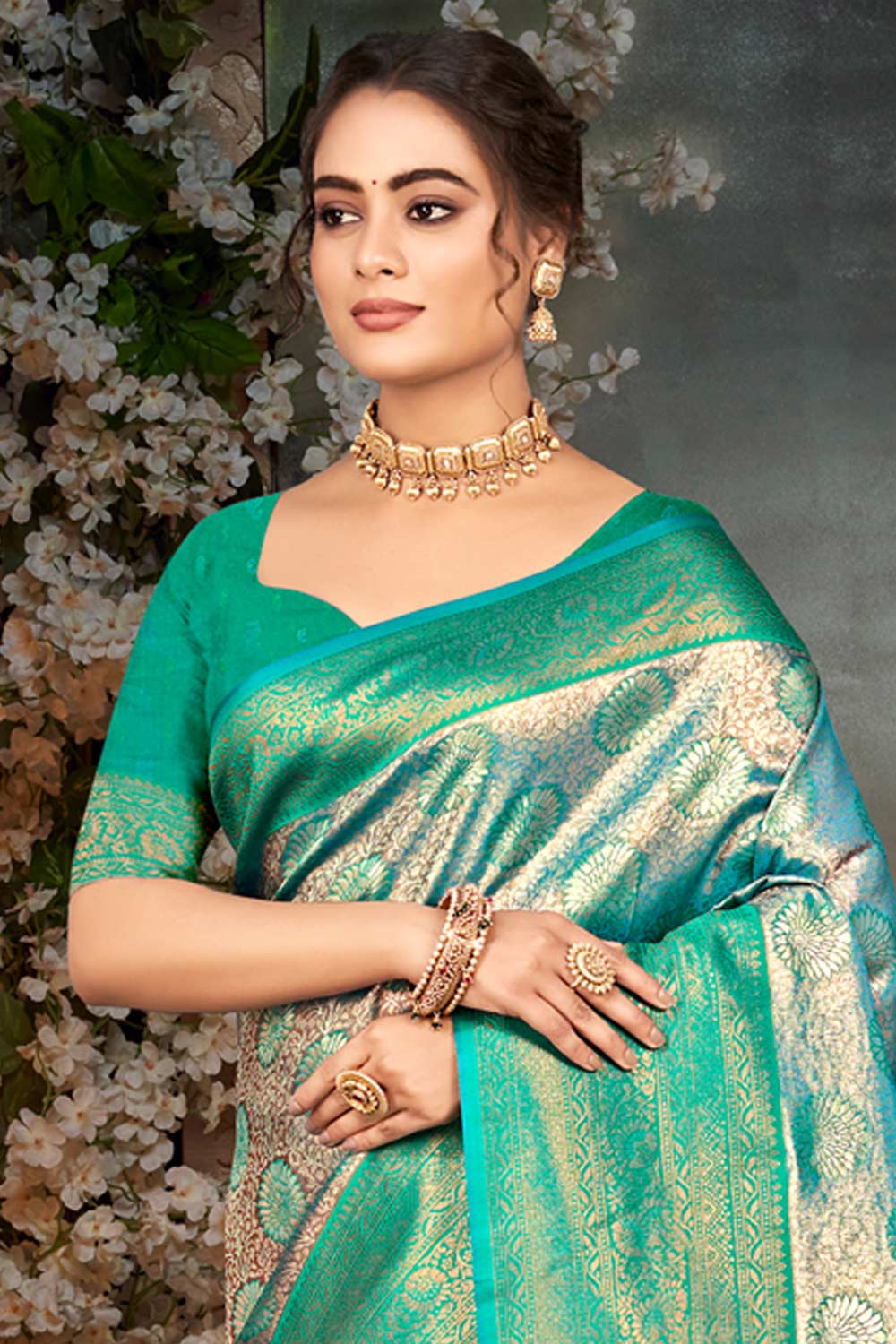 Teal Kanjivaram Silk Woven Saree