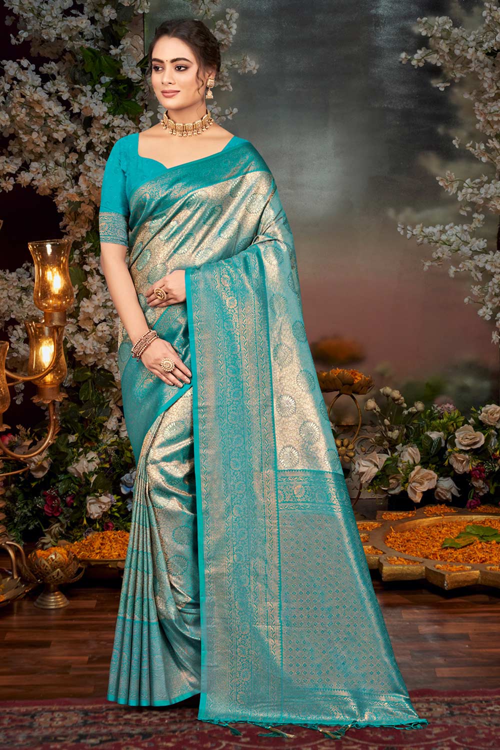 Teal Kanjivaram Silk Woven Saree