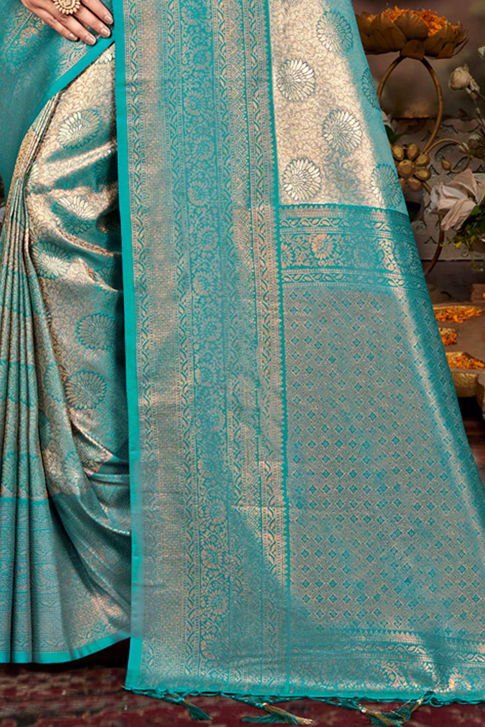 Teal Kanjivaram Silk Woven Saree