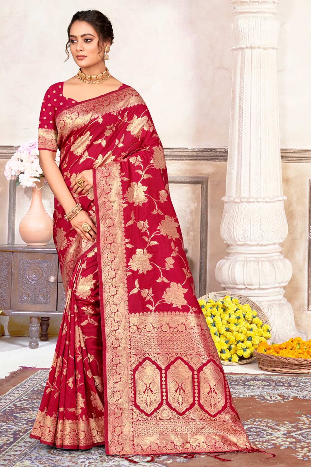 Maroon Silk Woven Saree