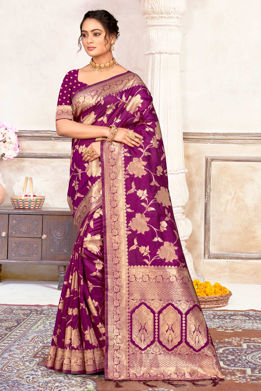 Magenta Silk Woven Saree