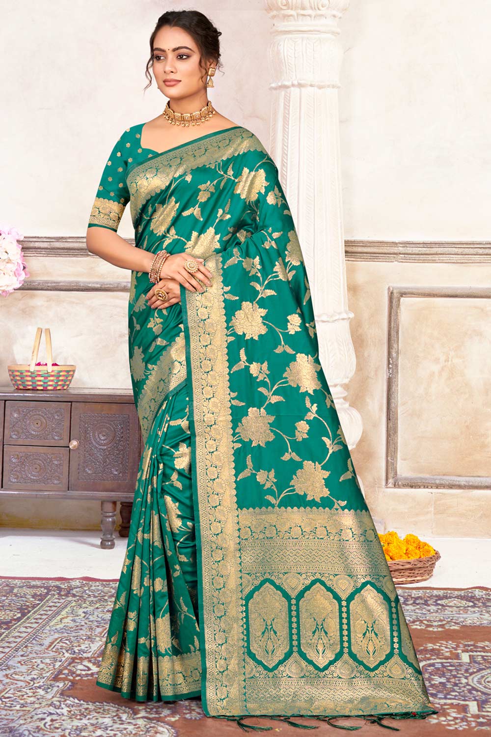 Teal Silk Woven Saree