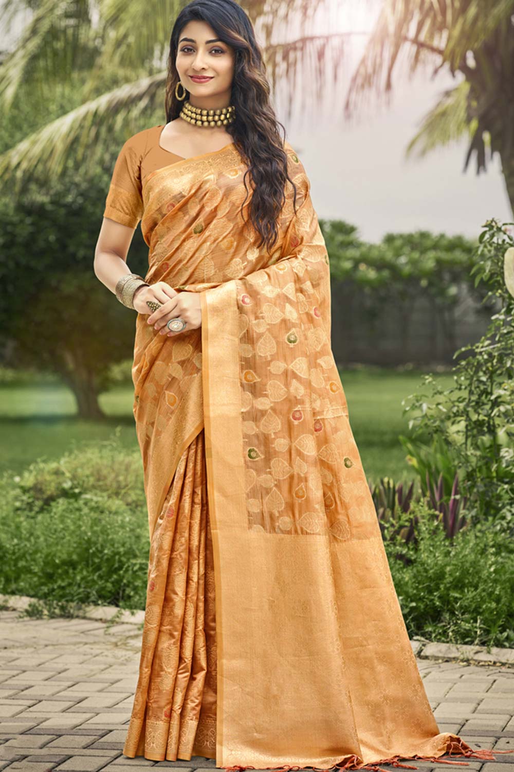 Beige Organza Weaving Designer Saree