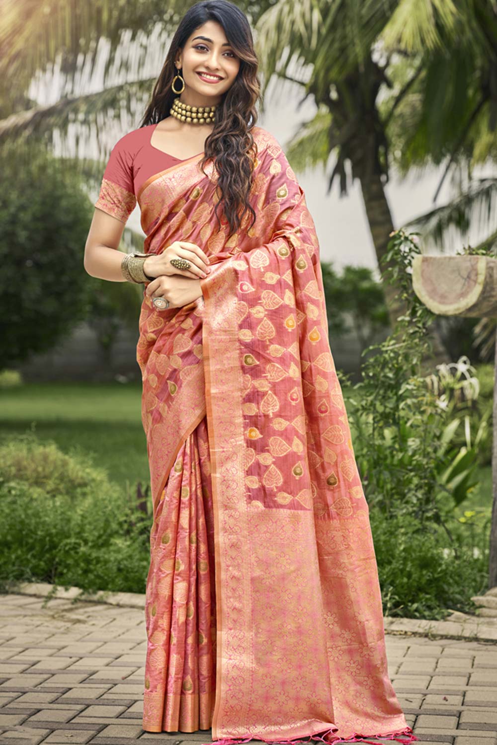 Peach Organza Weaving Designer Saree