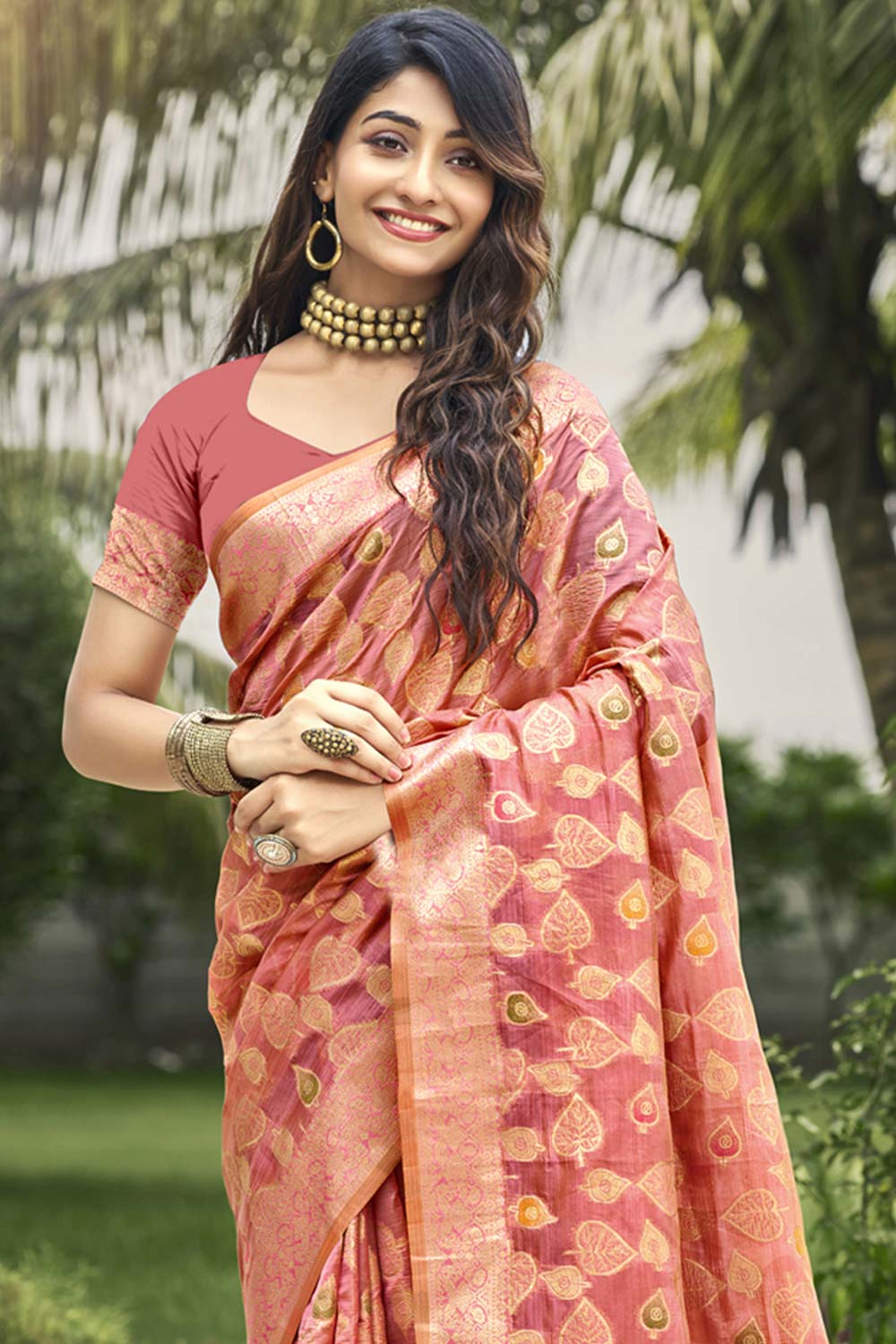 Peach Organza Weaving Designer Saree