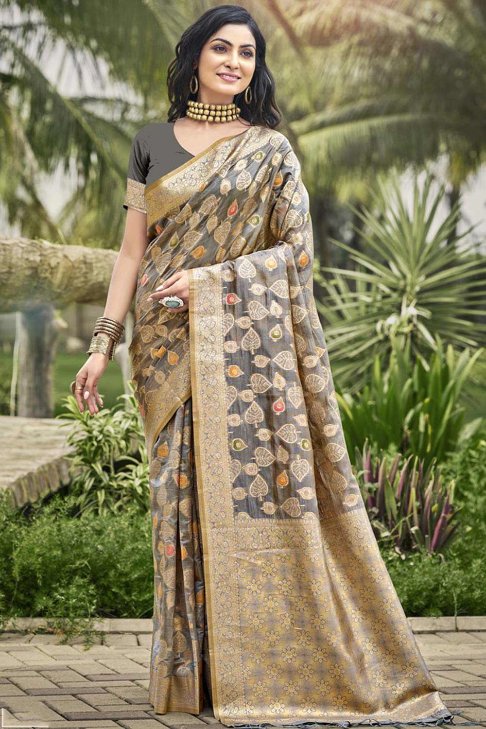 Grey Organza Weaving Designer Saree