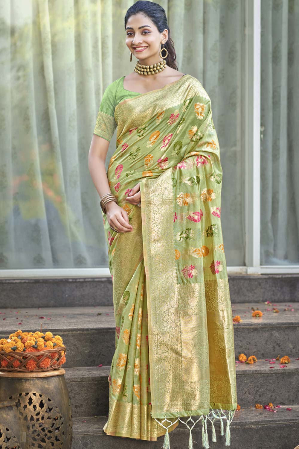 Light Green Organza Weaving Designer Saree