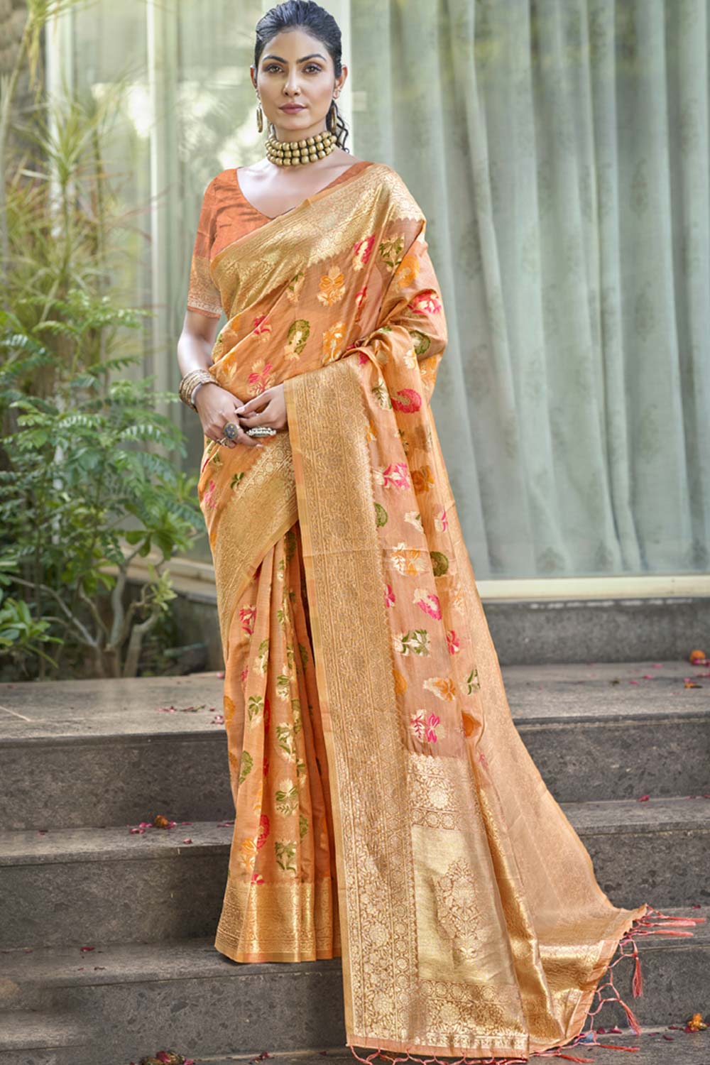 Orange Organza Weaving Designer Saree