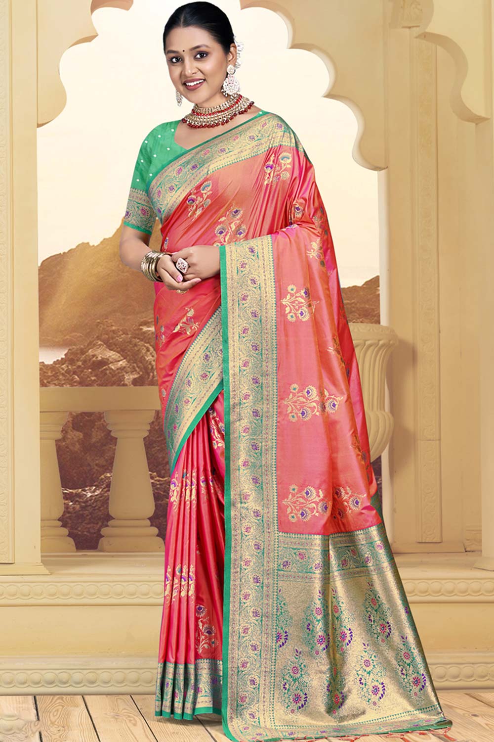 Peach Silk Weaving Designer Saree