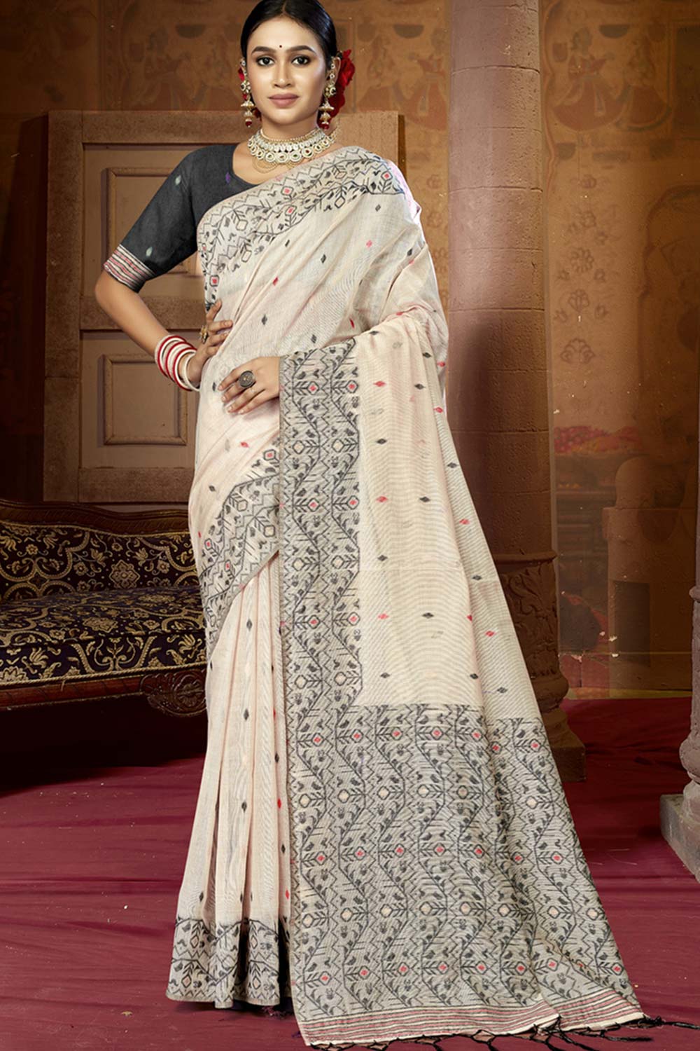 Off White Cotton Weaving Designer Saree