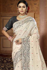 Off White Cotton Weaving Designer Saree