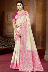 Off White Cotton Weaving Designer Saree