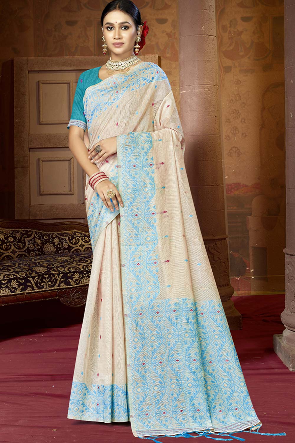 Off White Cotton Weaving Designer Saree