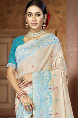 Off White Cotton Weaving Designer Saree