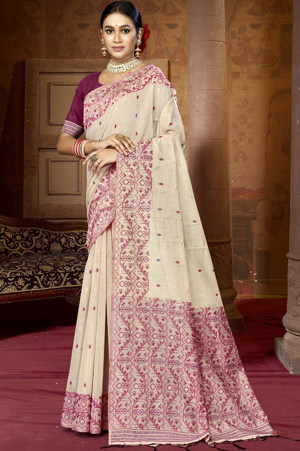 Off White Cotton Weaving Designer Saree