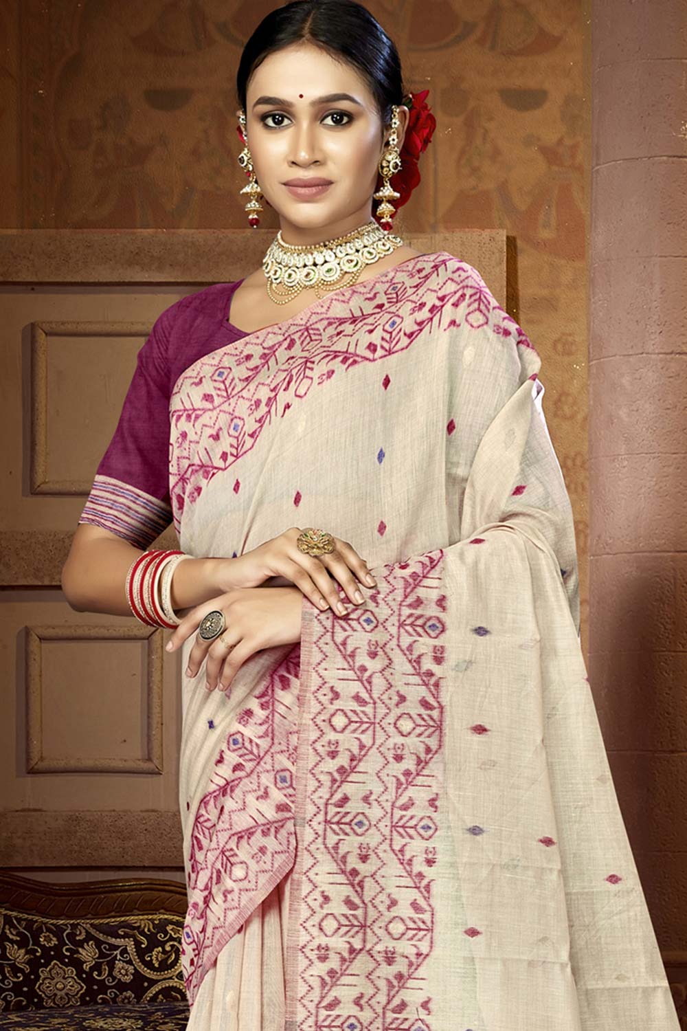 Off White Cotton Weaving Designer Saree