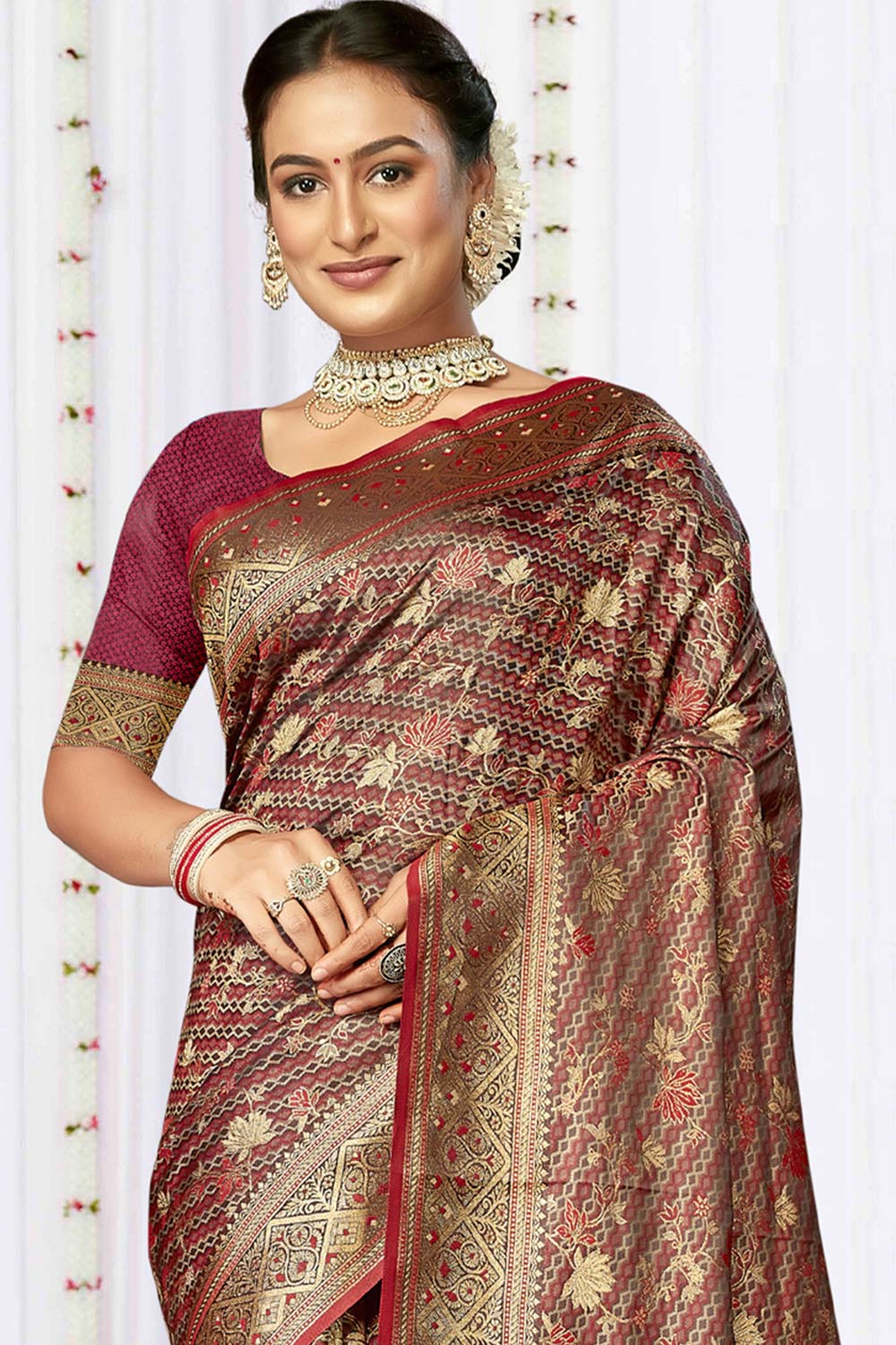 Maroon Satin Silk Weaving Designer Saree