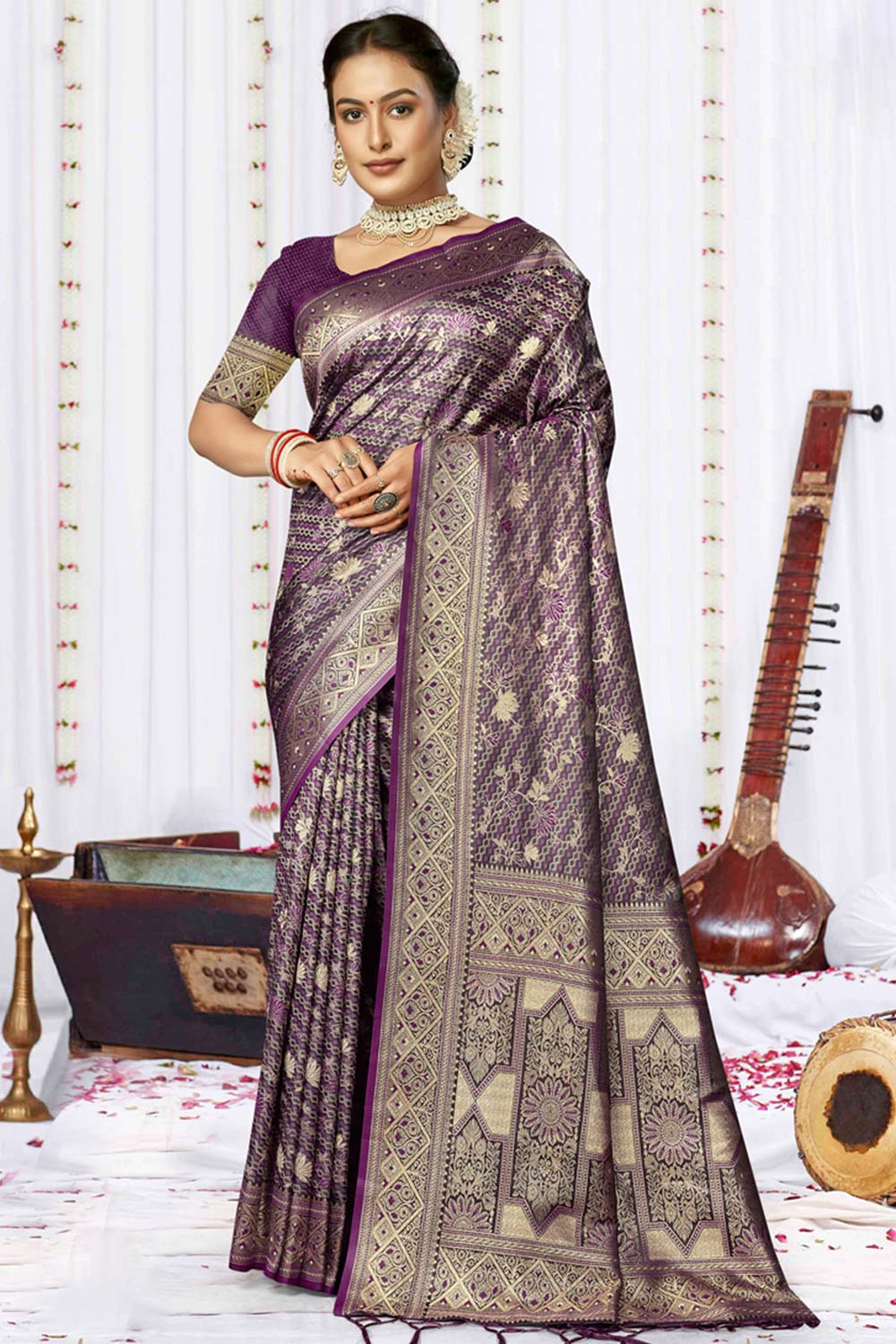 Purple Satin Silk Weaving Designer Saree