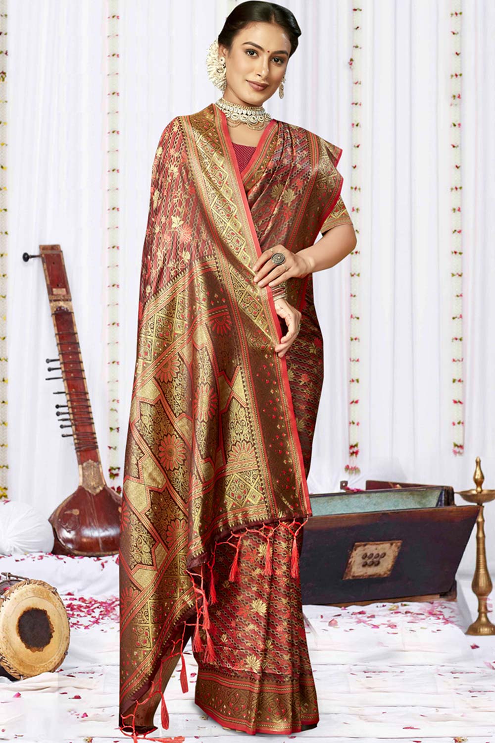 Maroon Satin Silk Weaving Designer Saree