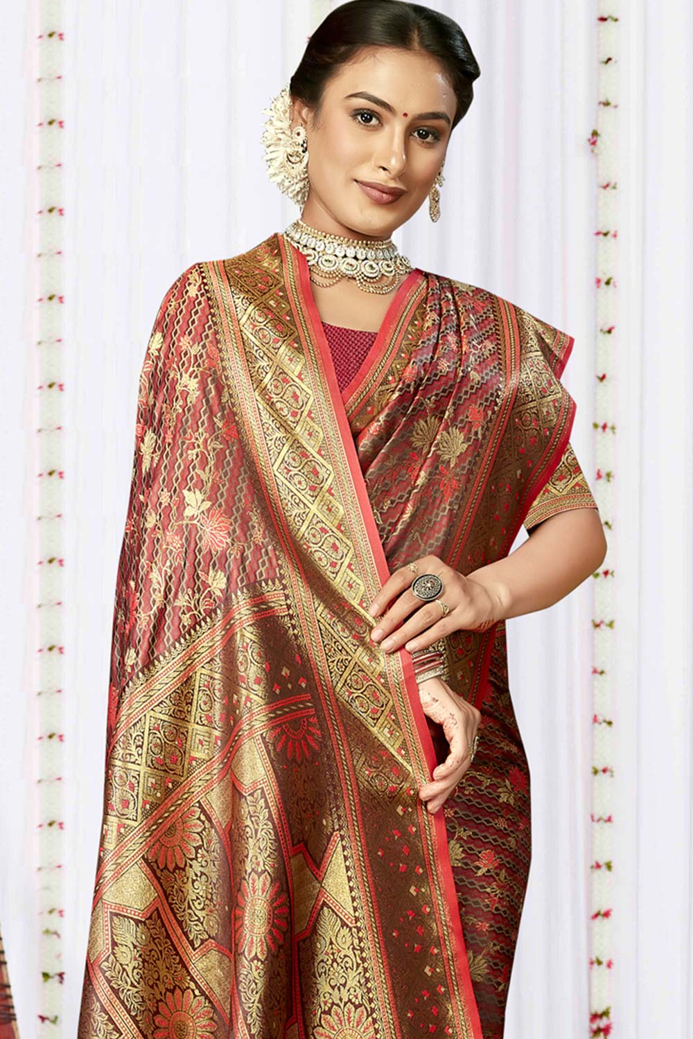 Maroon Satin Silk Weaving Designer Saree