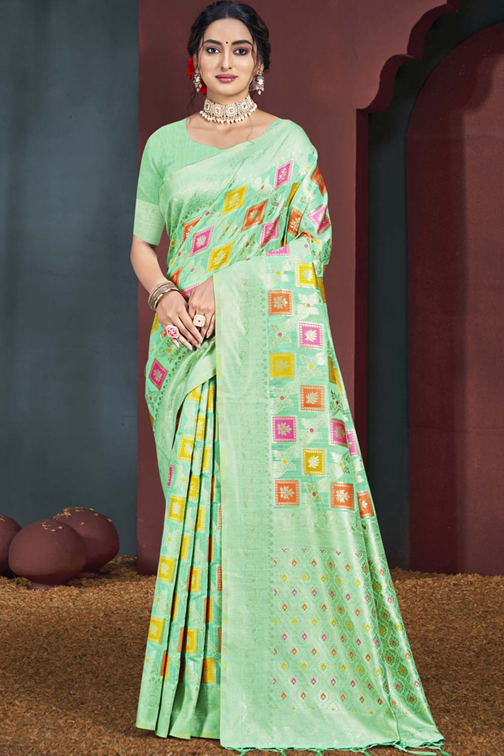 Lime Green Cotton Weaving Designer Saree