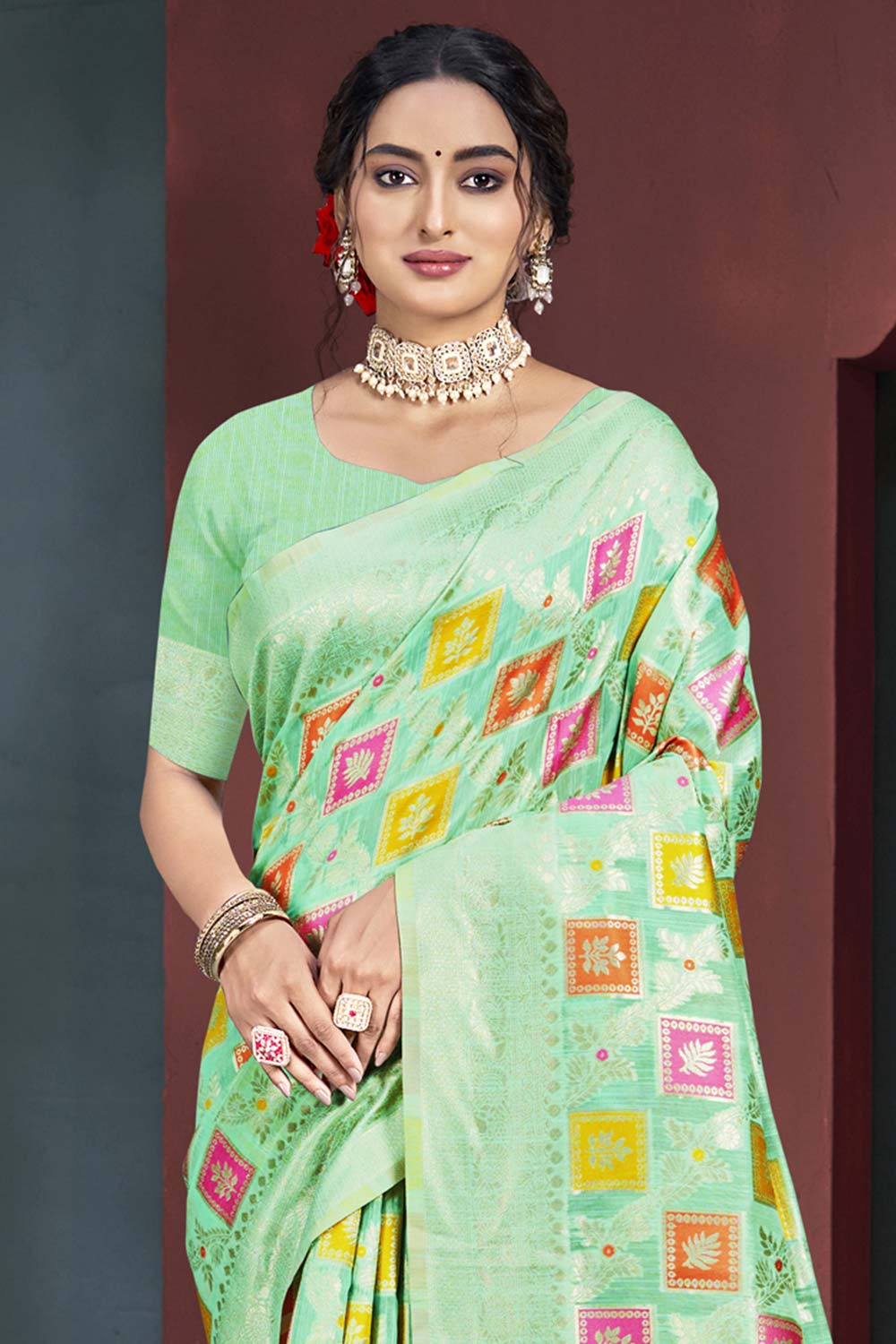 Lime Green Cotton Weaving Designer Saree