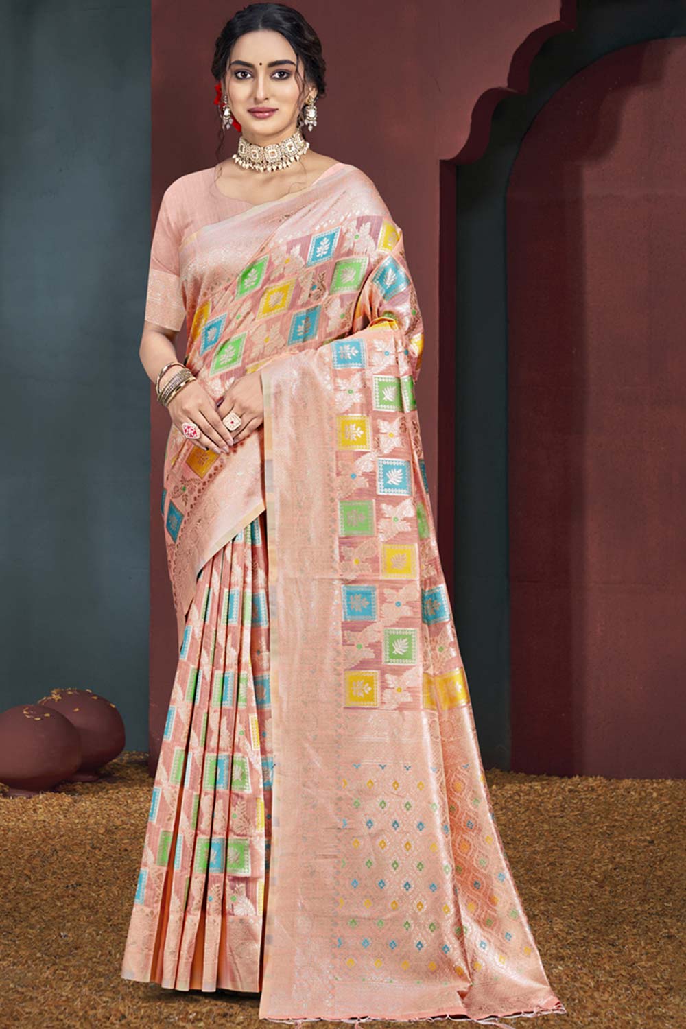 Light Peach Cotton Weaving Designer Saree