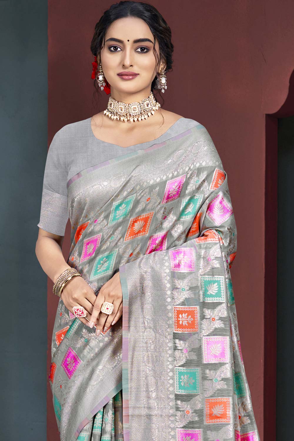 Grey Cotton Weaving Designer Saree