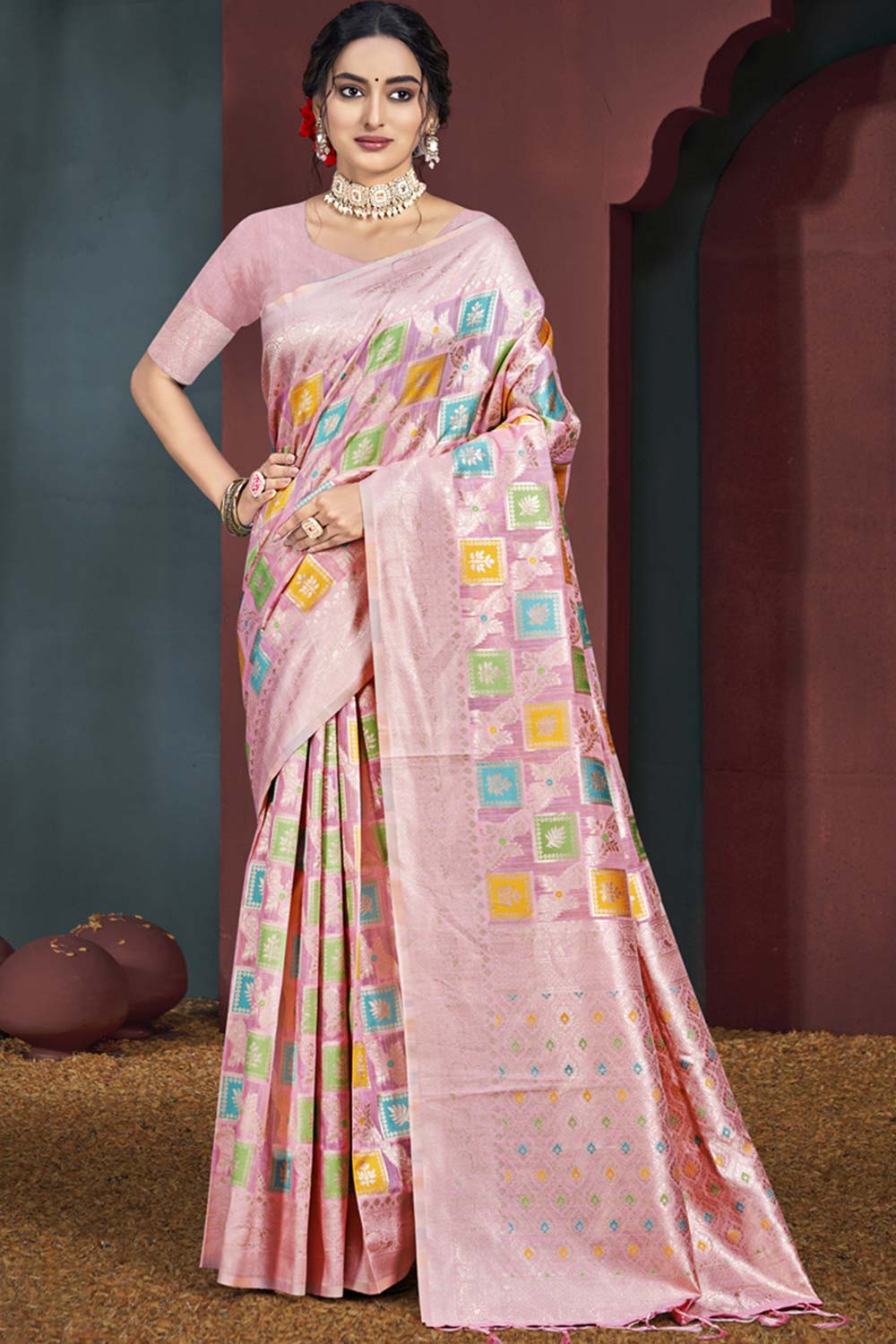 Pink Cotton Weaving Designer Saree