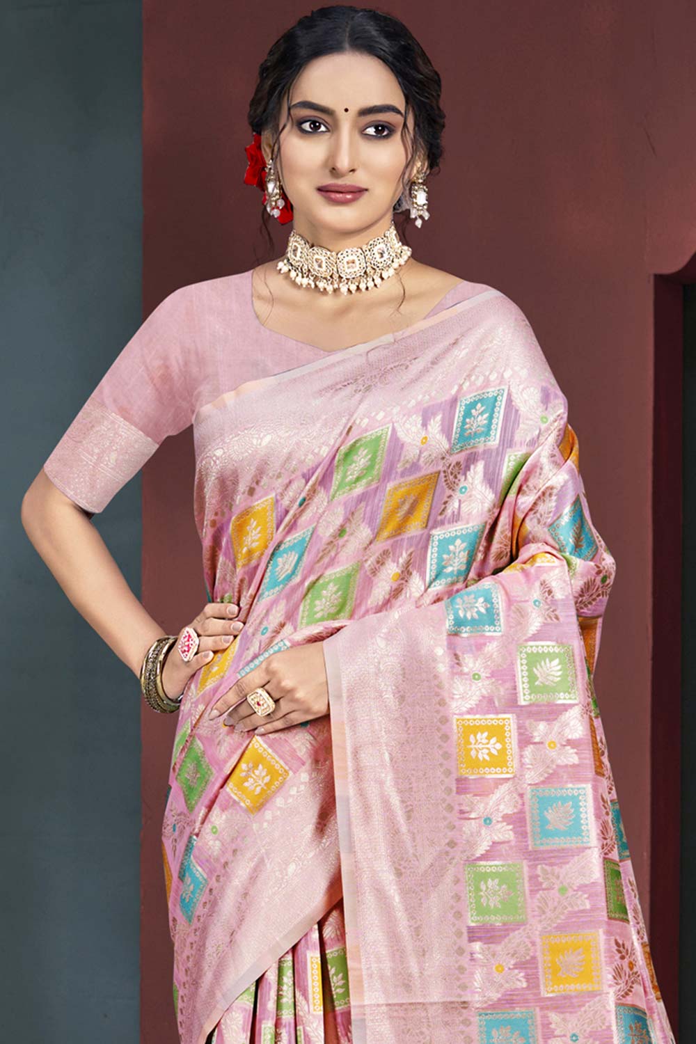 Pink Cotton Weaving Designer Saree