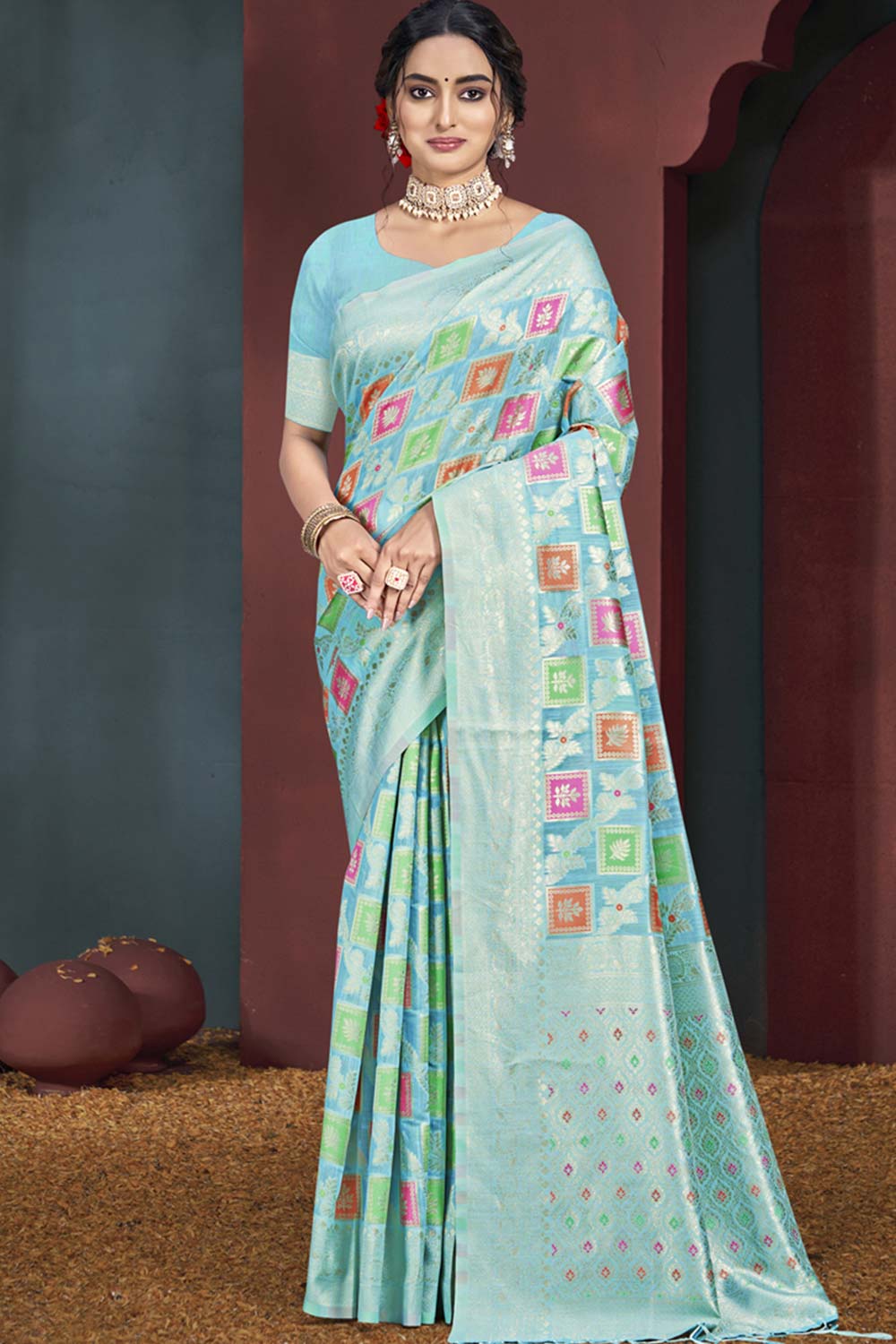 Sky Blue Cotton Weaving Designer Saree