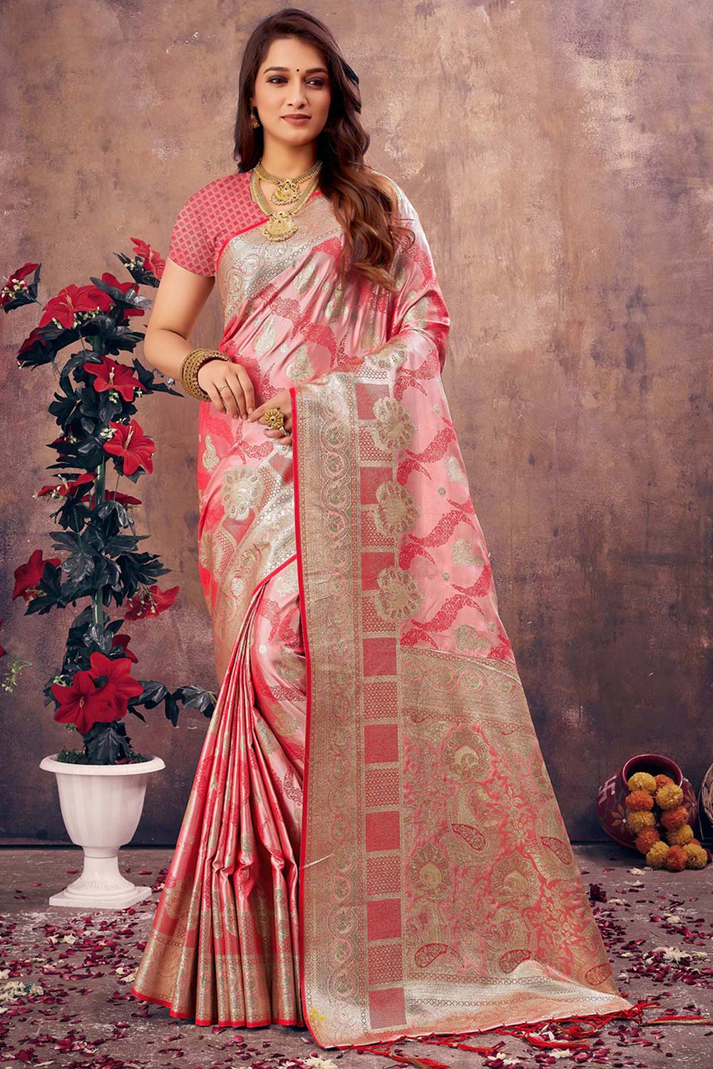 Pink South Silk Floral Saree