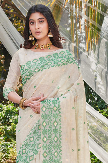 Cream Cotton Woven Saree