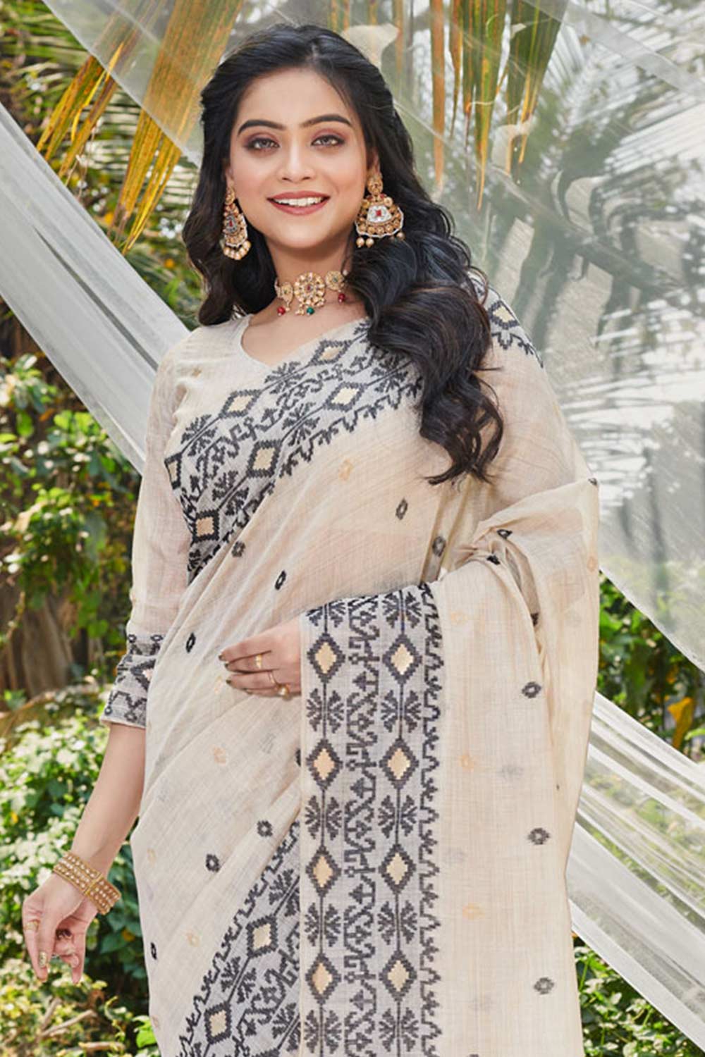 Cream Cotton Woven Saree