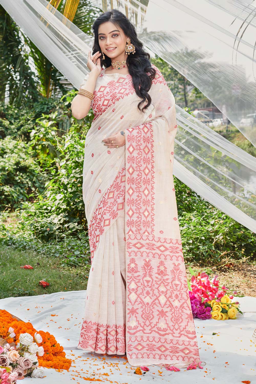 Cream Cotton Woven Saree